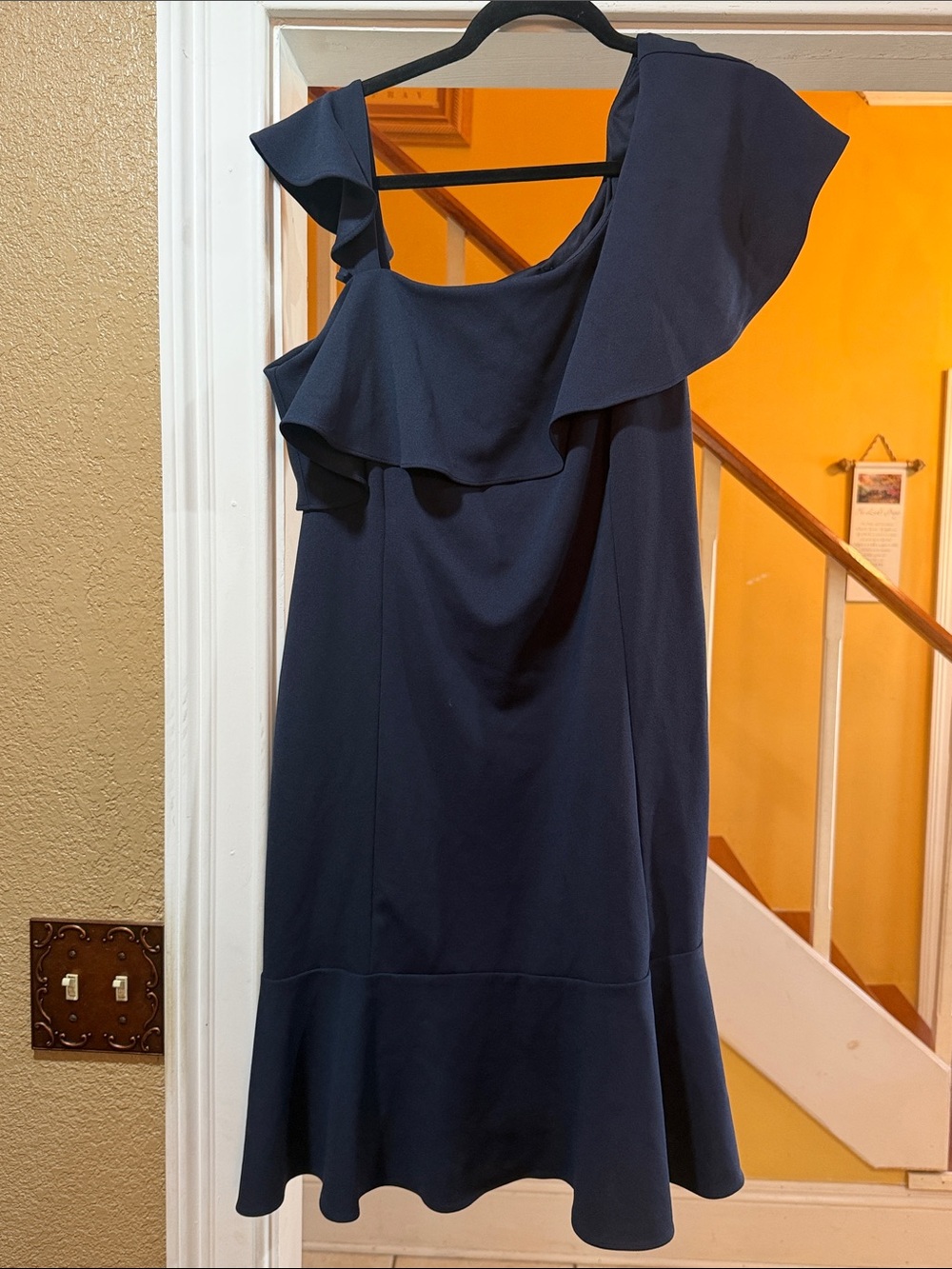 Lane Bryant Navy One-Shoulder Ruffle Hem Dress
